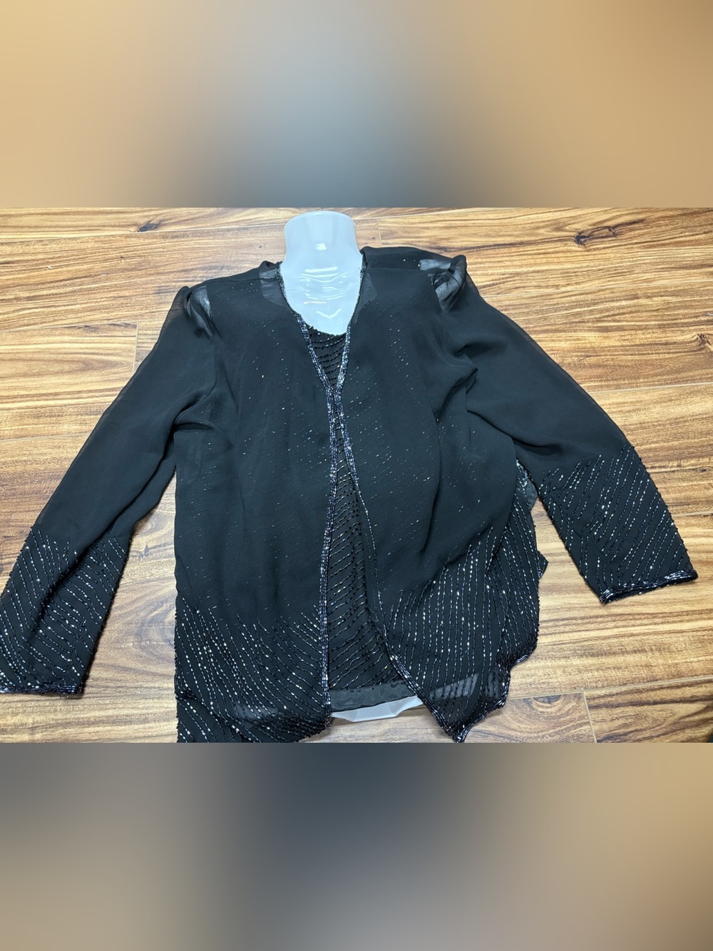 J Kara New York black beaded tank top & shear long sleeve jacket set, size large